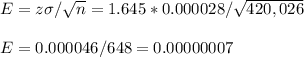 E=z\sigma/\sqrt{n}=1.645* 0.000028 /\sqrt{420,026}\\\\E= 0.000046 /648= 0.00000007