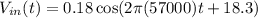V_{in} (t) = 0.18 \cos (2\pi (57000)t +18.3)