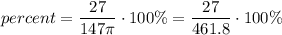\displaystyle percent=\frac{27}{147\pi}\cdot 100\%=\frac{27}{461.8}\cdot 100\%
