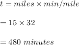 t=miles\times min/mile\\\\=15\times 32\\\\=480\ minutes