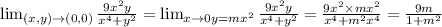 \lim_{(x,y)\to (0,0)}\frac{9x^2y}{x^4+y^2}=\lim_{x\to 0\\ y=mx^2}\frac{9x^2y}{x^4+y^2}=\frac{9x^2\times m x^2}{x^4+m^2x^4}=\frac{9m}{1+m^2}