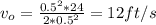 v_{o} =\frac{0.5^{2}*24 }{2*0.5^{2} } =12ft/s