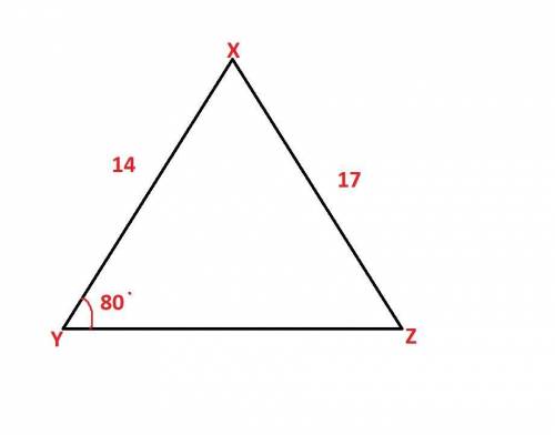 In angle XYZ, m/_ y=80, XY= 14, and XZ=17. to the nearest tenth, what is m/_ z