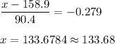 \displaystyle\frac{x - 158.9}{90.4} = -0.279\\\\x = 133.6784\approx 133.68
