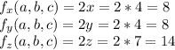 f_x (a, b,c)=2x=2*4=8\\f_y (a, b,c)=2y=2*4=8\\ f_z(a,b,c)=2z=2*7=14