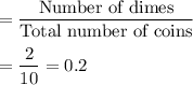 =\dfrac{\text{Number of dimes}}{\text{Total number of coins}}\\\\=\dfrac{2}{10} = 0.2
