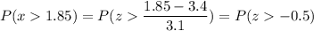 P( x  1.85) = P( z  \displaystyle\frac{1.85 - 3.4}{3.1}) = P(z -0.5)