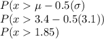 P(x  \mu-0.5(\sigma)\\P(x  3.4-0.5(3.1))\\P(x 1.85)