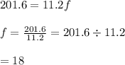 201.6=11.2f\\\\f=\frac{201.6}{11.2}=201.6\div 11.2\\\\=18