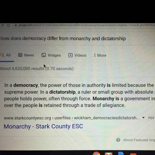 I need a summary for how does democracy differ from monarchy and dictatorship please