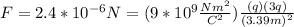 F=2.4*10^{-6}N=(9*10^{9}\frac{Nm^2}{C^2})\frac{(q)(3q)}{(3.39m)^2}\\\\