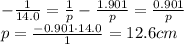 -\frac{1}{14.0}=\frac{1}{p}-\frac{1.901}{p}=\frac{0.901}{p}\\p=\frac{-0.901\cdot 14.0}{1}=12.6 cm