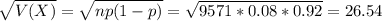 \sqrt{V(X)} = \sqrt{np(1-p)} = \sqrt{9571*0.08*0.92} = 26.54