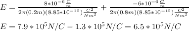 E=\frac{8*10^{-6}\frac{C}{m}}{2\pi (0.2m)(8.85*10^{-12})\frac{C^2}{Nm^2}}+\frac{-6*10^{-6}\frac{C}{m}}{2\pi (0.8m)(8.85*10^{-12})\frac{C^2}{Nm^2}}\\\\E=7.9*10^{5}N/C-1.3*10^{5}N/C=6.5*10^{5}N/C
