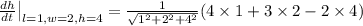 \left\frac{dh}{dt}\right|_{l=1,w=2,h=4}=\frac{1}{\sqrt{1^2+2^2+4^2}}(4\times 1+3\times2-2\times4)