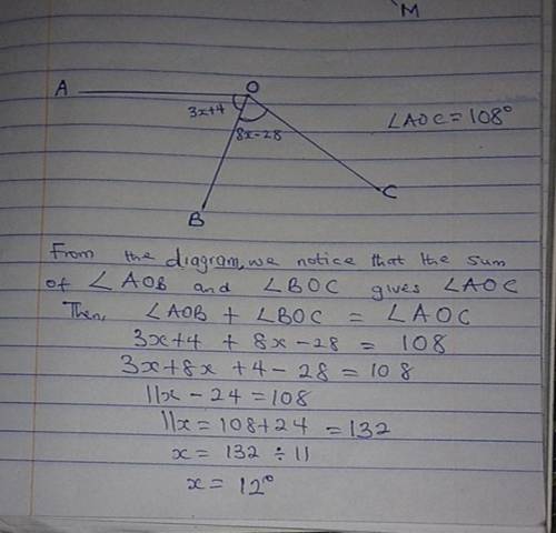 Given \qquad m \angle aoc = 108^\circm∠aoc=108 ∘  space, m, angle, a, o, c, equals, 108, degree \qqu