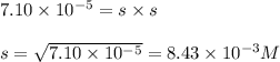7.10\times 10^{-5}=s\times s\\\\s=\sqrt{7.10\times 10^{-5}}=8.43\times 10^{-3}M