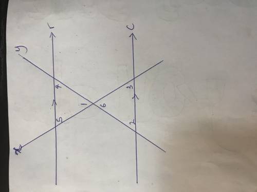 Line r is parallel to line c. Parallel lines r and c are crossed by lines x and y to form 2 triangle
