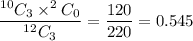 \dfrac{^{10}C_3\times ^2C_0}{^{12}C_3}=\dfrac{120}{220}=0.545