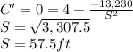 C'=0=4+\frac{-13,230}{S^2}\\ S=\sqrt{3,307.5} \\S=57.5 ft