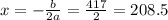 x = -\frac{b}{2a} = \frac{417}{2} = 208.5