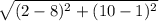 \sqrt{(2 - 8 )^{2} +(10 - 1 )^{2} }