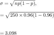 \sigma=\sqrt{np(1-p)}, \ \ \ \\\\=\sqrt{250\times 0.96(1-0.96)}\\\\\\=3.098