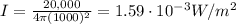 I=\frac{20,000}{4\pi (1000)^2}=1.59\cdot 10^{-3} W/m^2