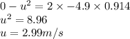 0 -u^2 = 2\times -4.9 \times 0.914 \\u^2=8.96 \\u=2.99 m/s