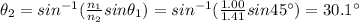 \theta_2 = sin^{-1}(\frac{n_1}{n_2}sin \theta_1)=sin^{-1}(\frac{1.00}{1.41}sin 45^{\circ})=30.1^{\circ}