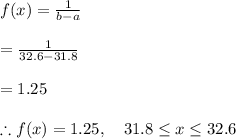 f(x)=\frac{1}{b-a}\\\\=\frac{1}{32.6-31.8}\\\\=1.25\\\\\therefore f(x)=1.25, \ \ \ 31.8\leq x\leq 32.6