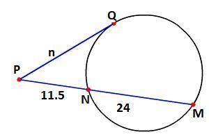 Line segment QP is tangent to the circle. A circle is shown. Secant M P and tangent Q P intersect at