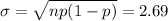 \sigma=\sqrt{np(1-p)} =2.69
