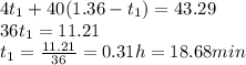 4t_1 + 40(1.36-t_1)=43.29\\36t_1=11.21\\t_1=\frac{11.21}{36}=0.31 h = 18.68 min