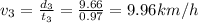 v_3=\frac{d_3}{t_3}=\frac{9.66}{0.97}=9.96 km/h