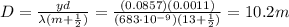 D=\frac{yd}{\lambda(m+\frac{1}{2})}=\frac{(0.0857)(0.0011)}{(683\cdot 10^{-9})(13+\frac{1}{2})}=10.2 m