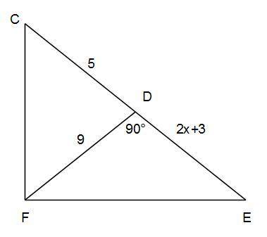 Triangle C F E is shown. Angle C F E is a right angle. An altitude is drawn from point F to point D