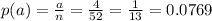 p(a)=\frac{a}{n}=\frac{4}{52}=\frac{1}{13}=0.0769
