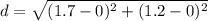 d=\sqrt{(1.7-0)^{2}+(1.2-0)^{2}}