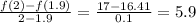 \frac{f(2)-f(1.9)}{2-1.9}= \frac{17-16.41}{0.1}=5.9