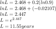 ln L = 2.468 + 0.2 (ln0.9)\\ln L = 2.468 + (-0.02107)\\ln L = 2.447\\L = e^{2.447} \\L = 11.55 years
