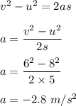 v^2-u^2=2as\\\\a=\dfrac{v^2-u^2}{2s}\\\\a=\dfrac{6^2-8^2}{2\times 5}\\\\a=-2.8\ m/s^2