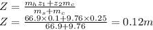 Z=\frac{m_hz_1+z_2m_c}{m_s+m_c}\\Z=\frac{66.9\times 0.1+9.76\times 0.25}{66.9+9.76} = 0.12 m
