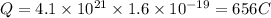 Q=4.1\times 10^{21}\times 1.6\times 10^{-19}=656C