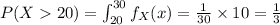 P(X20) = \int_{20}^{30}f_X(x) = \frac{1}{30} \times 10 = \frac{1}{3}