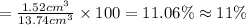 =\frac{1.52 cm^3}{13.74 cm^3}\times 100=11.06\%\approx 11\%