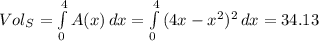 Vol_{S} =\int\limits^4_0 {A(x)} \, dx =\int\limits^4_0 {(4x-x^{2})^{2}  } \, dx =34.13