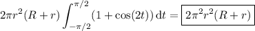 \displaystyle2\pi r^2(R+r)\int_{-\pi/2}^{\pi/2}(1+\cos(2t))\,\mathrm dt=\boxed{2\pi^2r^2(R+r)}
