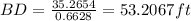 BD = \frac{35.2654}{0.6628} =53.2067 ft