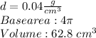 d = 0.04 \frac {g} {cm ^ 3}\\Base area: 4 \pi\\Volume: 62.8 \ cm ^ 3